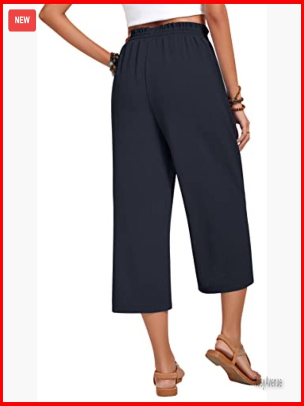 High Waisted Wide Leg Palazzo Capri Pants with Drawstring Pockets Lounge - Picture 4 of 7